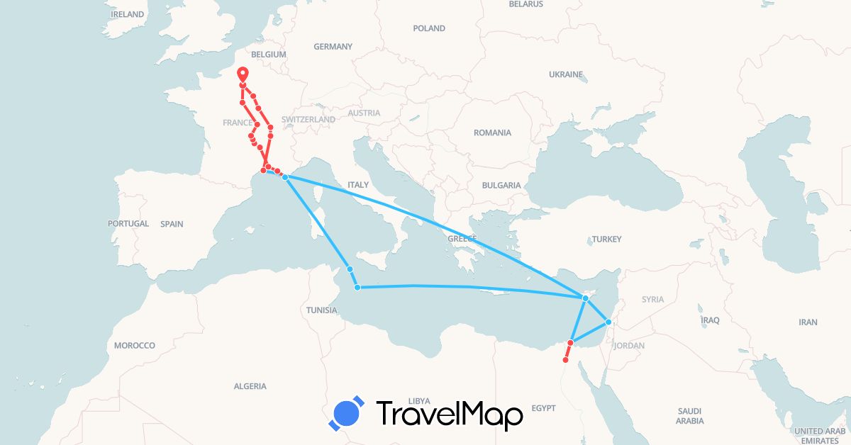 TravelMap itinerary: hiking, boat in Cyprus, Egypt, France, Israel, Italy (Africa, Asia, Europe)